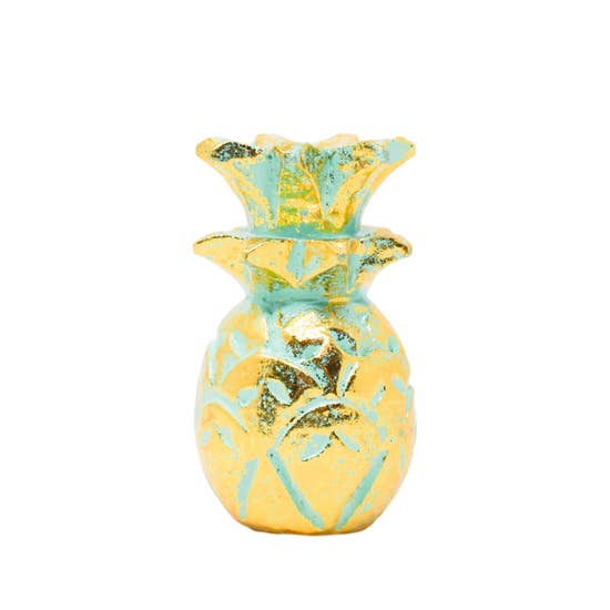 Pineapple Teak Accent Sculpture - Aqua/Gold (Small)
