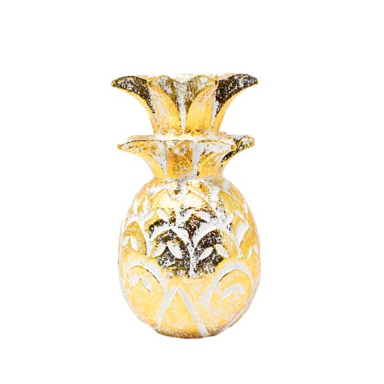 Pineapple Teak Accent Sculpture - Gold/White (Small)