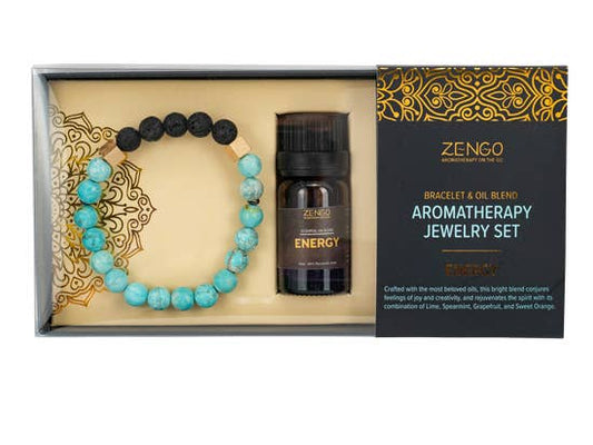 ZS01 ZENGO AROMATHERAPY JEWELRY + OIL SETS (Turquoise w/ Black Lava Stones)