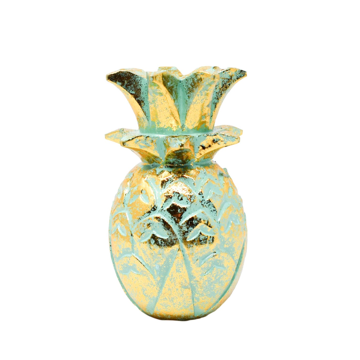 Pineapple Teak Accent Sculpture - Large ( Aqua & Gold)