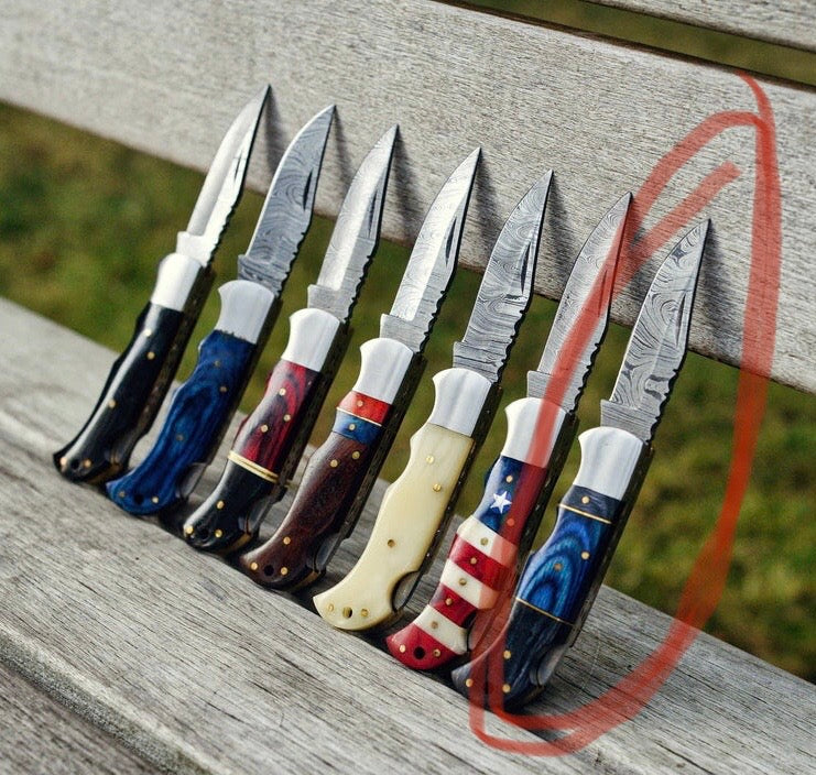Damascus Folding Knife Pocket Knife Genuine Damascus Blue