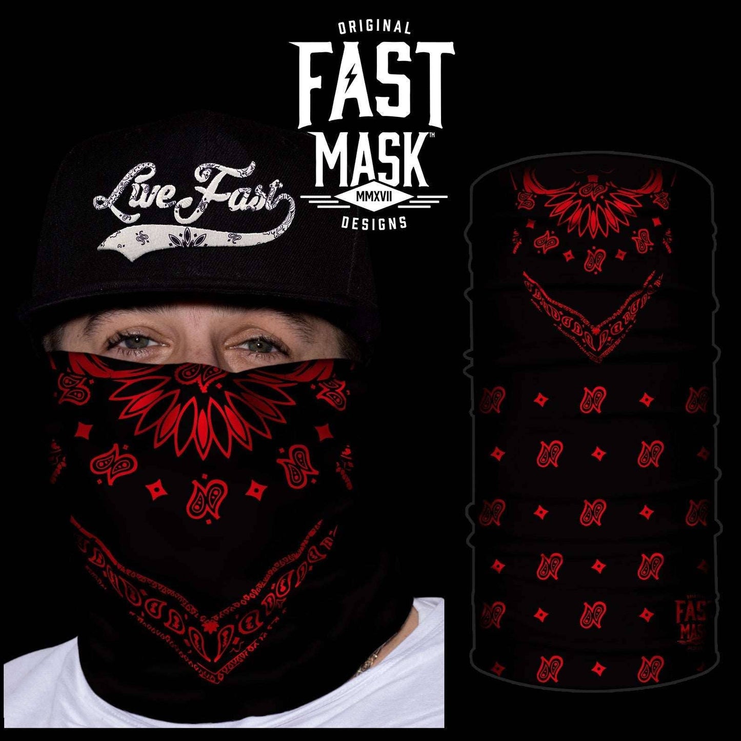 Live Fast Gear - Black & Red Bandana Neck Gaiter * Now with Sewn Edges *