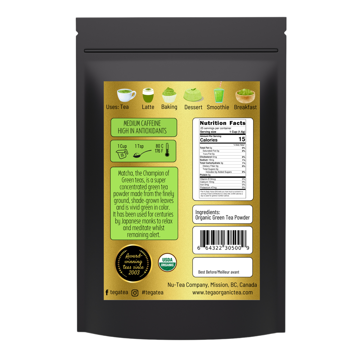 Tega Organic Tea - Matcha Green Tea Powder Japanese Organic 1.4oz