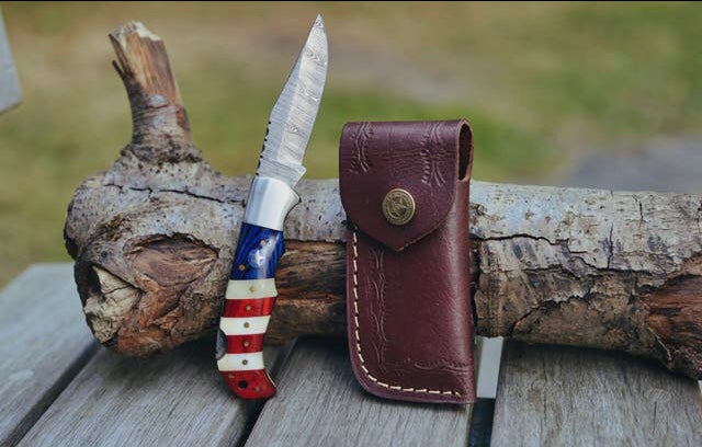 Damascus Folding Knife Pocket Knife Genuine Damascus American Flag Color