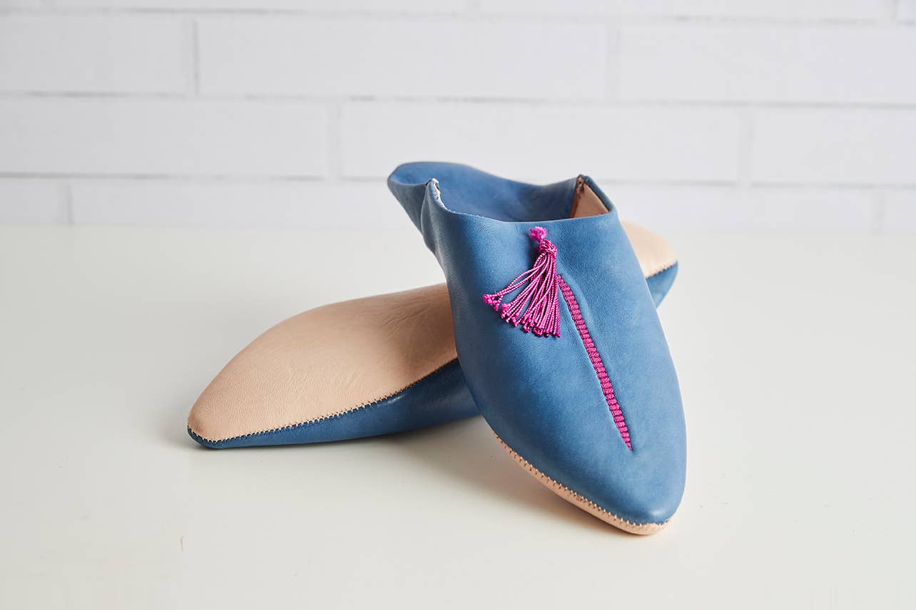 Moroccan Leather Slippers Blue & Fuschia