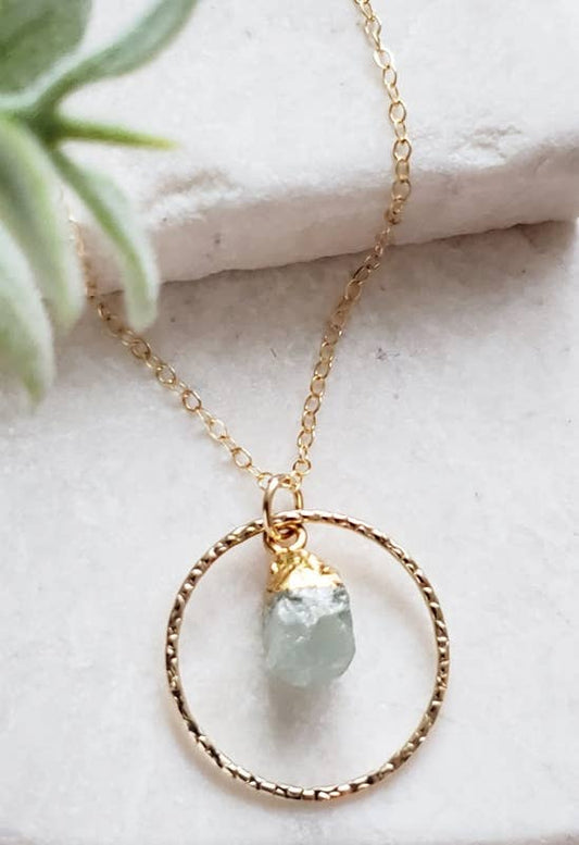 Gold Raw Aqua Circle Necklace