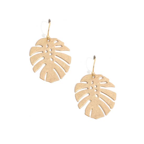 Metallic Monstera Leaf Hook Earrings - Gold