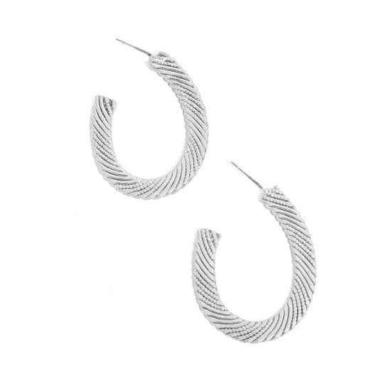 Coiled Twisted Oval Hoop Earrings - Silver
