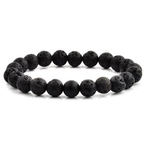 Polished Natural Stone Bead Stretch Bracelet - Black Lava