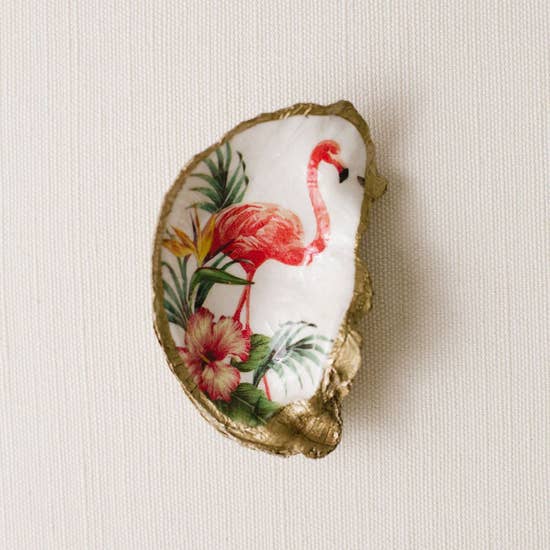 Tropical Decoupage Oyster Ring/Decor Dish - Flamingo