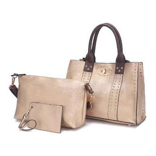 MKF Collection Elissa 3pc Set Satchel Handbag- Rose Gold/Coffee