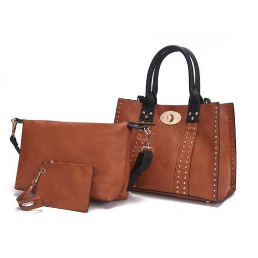 MKF Collection Elissa 3 pc Set Satchel Handbag- Camel & Coffee