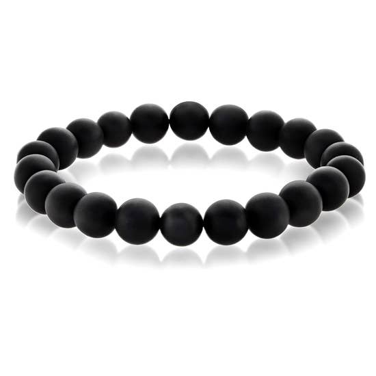 Polished Natural Stone Bead Stretch Bracelet - Matte Black Onyx