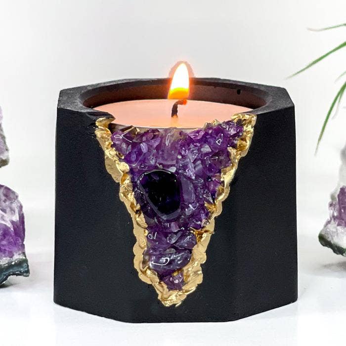 Raw Amethyst Candle Holder | Black, Black Crystal Candle